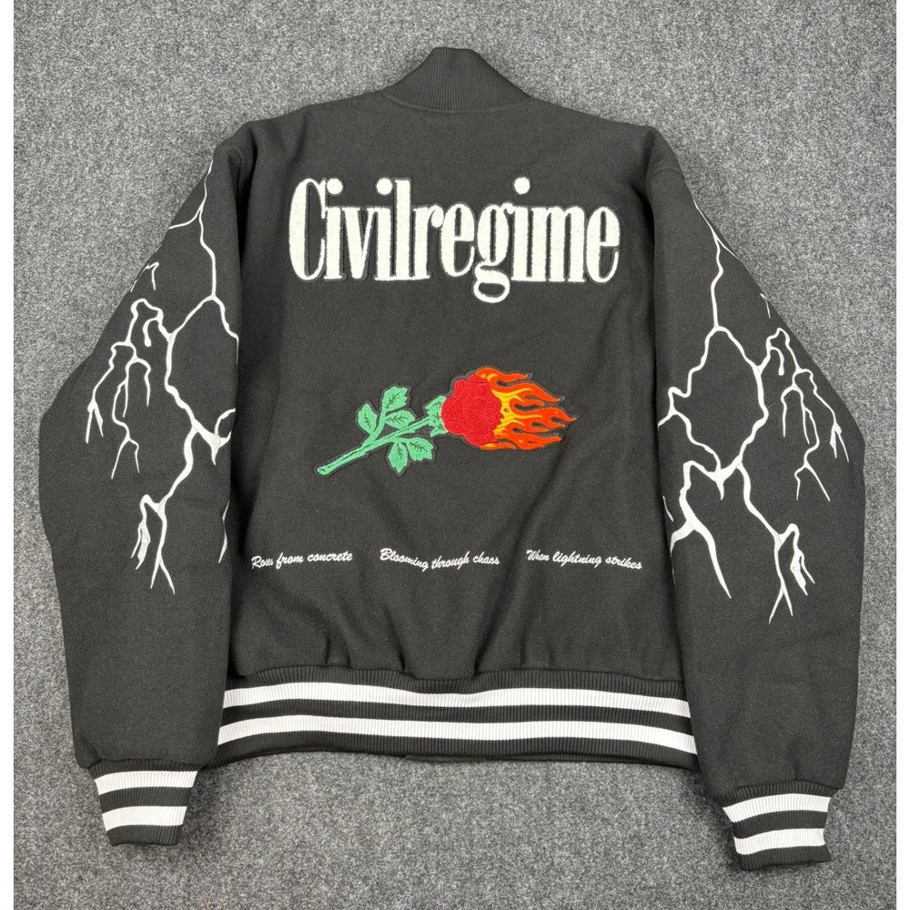 Civil Regime Black Lightning Flaming Rose Varsity Bomber Jacket Mens Large NWT